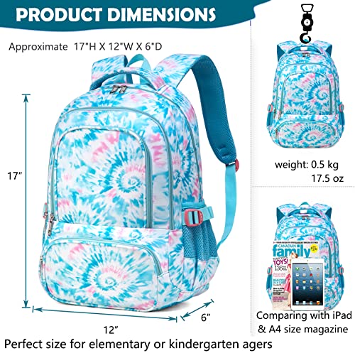 BLUEFAIRY Tie Dye Backpack for Girls Kids Primary Bookbags for Teens Elementary Middle School Bags Blue Spiral Print Adorable Travel Gifts Age 5-9 Mochila para Niños 17 Inch