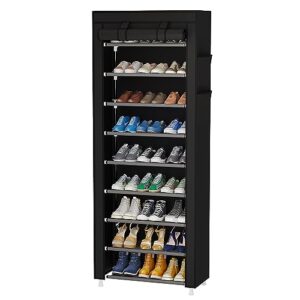 calmootey 9 tier shoe rack organizer,portable shoe shelf with nonwoven fabric cover for closet hallway,bedroom,entryway,black