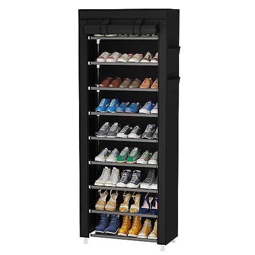 Calmootey 9 Tier Shoe Rack Organizer,Portable Shoe Shelf with Nonwoven Fabric Cover for Closet Hallway,Bedroom,Entryway,Black