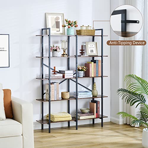 Hoctieon Double Wide 5 Tier Bookshelf, Rustic Open Etagere Bookcase, Vintage Industrial Large Bookshelves, Display Shelves with Metal Frame, for Home Office Decor Display, Rustic Brown