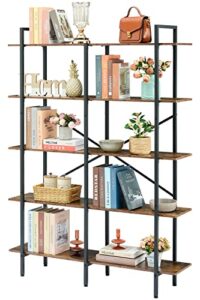 hoctieon double wide 5 tier bookshelf, rustic open etagere bookcase, vintage industrial large bookshelves, display shelves with metal frame, for home office decor display, rustic brown