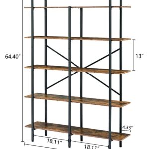 Hoctieon Double Wide 5 Tier Bookshelf, Rustic Open Etagere Bookcase, Vintage Industrial Large Bookshelves, Display Shelves with Metal Frame, for Home Office Decor Display, Rustic Brown