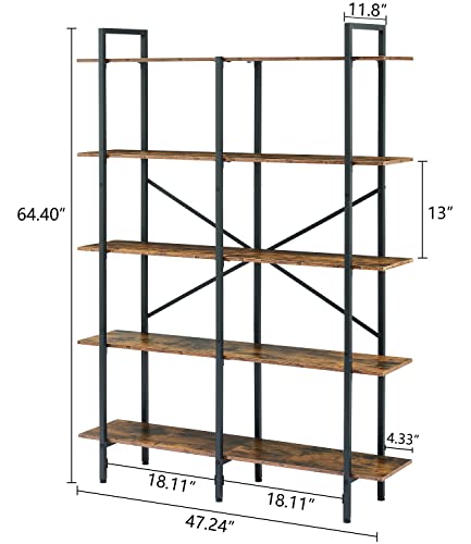 Hoctieon Double Wide 5 Tier Bookshelf, Rustic Open Etagere Bookcase, Vintage Industrial Large Bookshelves, Display Shelves with Metal Frame, for Home Office Decor Display, Rustic Brown