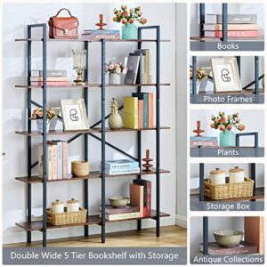 Hoctieon Double Wide 5 Tier Bookshelf, Rustic Open Etagere Bookcase, Vintage Industrial Large Bookshelves, Display Shelves with Metal Frame, for Home Office Decor Display, Rustic Brown