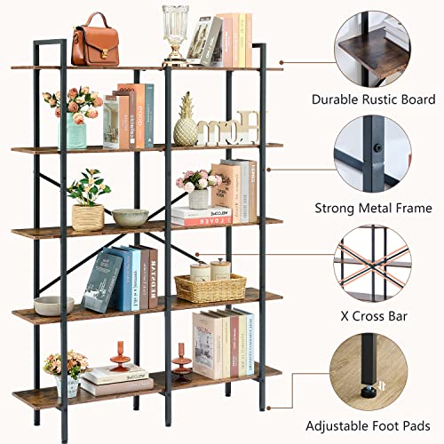 Hoctieon Double Wide 5 Tier Bookshelf, Rustic Open Etagere Bookcase, Vintage Industrial Large Bookshelves, Display Shelves with Metal Frame, for Home Office Decor Display, Rustic Brown