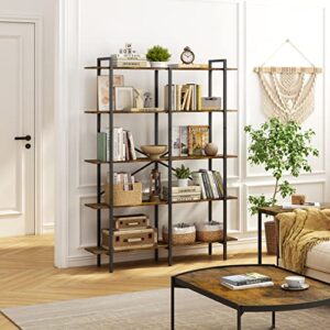 Hoctieon Double Wide 5 Tier Bookshelf, Rustic Open Etagere Bookcase, Vintage Industrial Large Bookshelves, Display Shelves with Metal Frame, for Home Office Decor Display, Rustic Brown