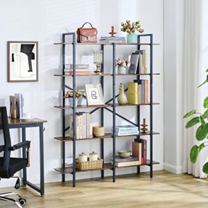 Hoctieon Double Wide 5 Tier Bookshelf, Rustic Open Etagere Bookcase, Vintage Industrial Large Bookshelves, Display Shelves with Metal Frame, for Home Office Decor Display, Rustic Brown