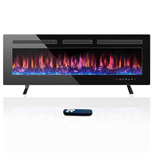 Electric Fireplace 50 inch, Home4me Fireplace Heater Freestanding, Recessed and Wall Mounted Fireplace 750/1500W, Remote Control with Timer, Touch Screen, Low Noise, 12 Adjustable Flame Colors