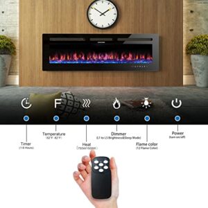 Electric Fireplace 50 inch, Home4me Fireplace Heater Freestanding, Recessed and Wall Mounted Fireplace 750/1500W, Remote Control with Timer, Touch Screen, Low Noise, 12 Adjustable Flame Colors