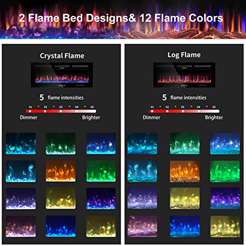 Electric Fireplace 50 inch, Home4me Fireplace Heater Freestanding, Recessed and Wall Mounted Fireplace 750/1500W, Remote Control with Timer, Touch Screen, Low Noise, 12 Adjustable Flame Colors