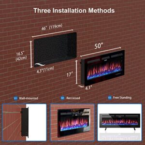 Electric Fireplace 50 inch, Home4me Fireplace Heater Freestanding, Recessed and Wall Mounted Fireplace 750/1500W, Remote Control with Timer, Touch Screen, Low Noise, 12 Adjustable Flame Colors