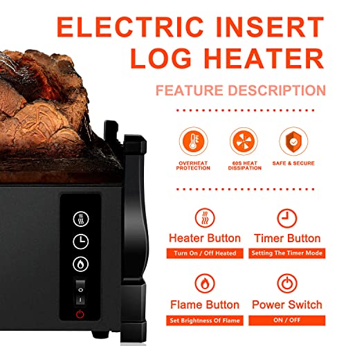 Electric Fireplace Log Insert Heater with IR Remote Control, up to 1500W Heating, 5 Flame Brightness Levels, 24-Hour Timer, Overheat Protection, Suitable for Home and Office Decoration, Black