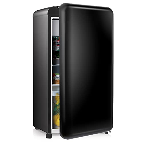 Kismile Retro Mini Fridge with Freezer, 3.2 cu. ft Small fridge with Adjustable Removable Glass Shelves, Mechanical Control, Compact Refrigerator for Office, Dorm, Bedroom (Black)