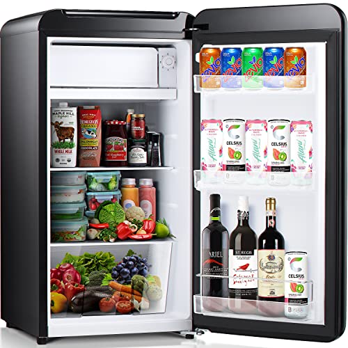 Kismile Retro Mini Fridge with Freezer, 3.2 cu. ft Small fridge with Adjustable Removable Glass Shelves, Mechanical Control, Compact Refrigerator for Office, Dorm, Bedroom (Black)