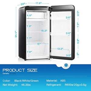 Kismile Retro Mini Fridge with Freezer, 3.2 cu. ft Small fridge with Adjustable Removable Glass Shelves, Mechanical Control, Compact Refrigerator for Office, Dorm, Bedroom (Black)