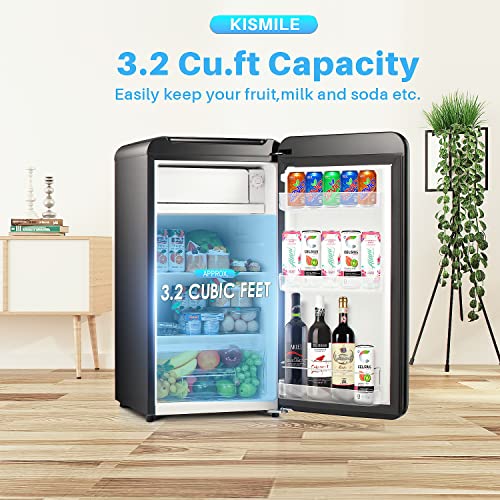 Kismile Retro Mini Fridge with Freezer, 3.2 cu. ft Small fridge with Adjustable Removable Glass Shelves, Mechanical Control, Compact Refrigerator for Office, Dorm, Bedroom (Black)