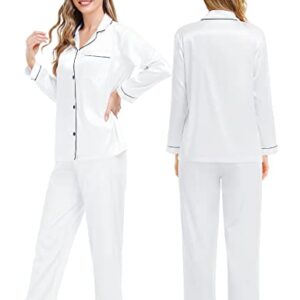 SWOMOG Bridesmaids Pajama Set for Women Long Sleeve Sleepwear Silk Soft Button Down Loungewear Pjs Set White