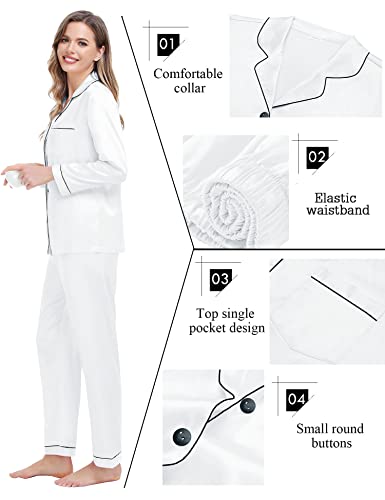 SWOMOG Bridesmaids Pajama Set for Women Long Sleeve Sleepwear Silk Soft Button Down Loungewear Pjs Set White