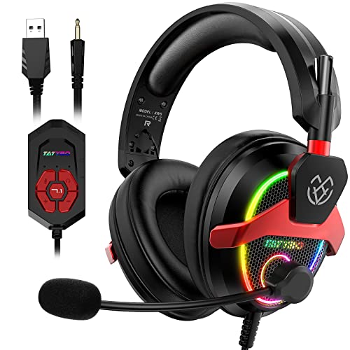 Tatybo 7.1 Surround Sound Gaming Headset for PC PS4 PS5 Switch, PC Headset with Noise Cancelling Mic, USB & 3.5mm Jack Gaming Headphones