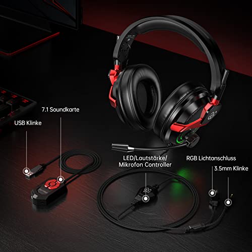 Tatybo 7.1 Surround Sound Gaming Headset for PC PS4 PS5 Switch, PC Headset with Noise Cancelling Mic, USB & 3.5mm Jack Gaming Headphones