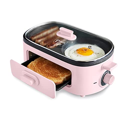 GreenLife 3-in-1 Breakfast Maker Station, Healthy Ceramic Nonstick Dual Griddles for Eggs Meat and Pancakes, 2 Slice Toast Drawer, Easy-to-use Timer, Pink