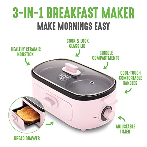 GreenLife 3-in-1 Breakfast Maker Station, Healthy Ceramic Nonstick Dual Griddles for Eggs Meat and Pancakes, 2 Slice Toast Drawer, Easy-to-use Timer, Pink