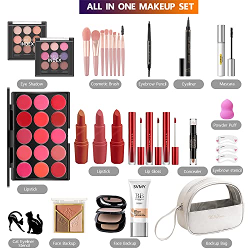 All In One Makeup Kit, Makeup kit for Women Full Kit, Makeup gift set, Include 18-Color Eyeshadow Palette Make Up Kits Adult Professional Handy Makeup Bag for Easy Carry Convenient Travel Silver