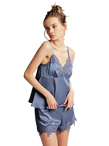 AW BRIDAL Womens Pjs Sets Silk Bride Bridesmaid Pajamas Lace Satin Short Pajama Set for Women Sexy Lingerie for Wedding Bridal Party, Dusty Blue XL