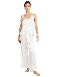 aw bridal white satin pajamas set for women silk sexy lingerie camisole with pants set sleepwear for wedding bridal shower party, white xl