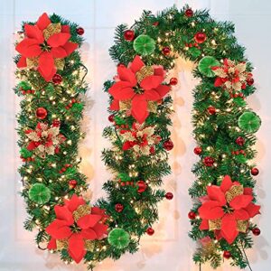 pre-lit artificial christmas garland, green rattan with red flower decorations and battery operated led lights for home stairs fireplace front porch door display indoor outdoor christmas decor -9ft