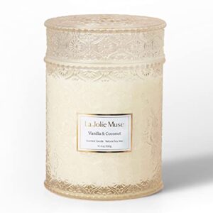 la jolie muse vanilla coconut candle, tropical candle scented, candle for home scented, wood wicked soy candles, 19.4oz 90 hours