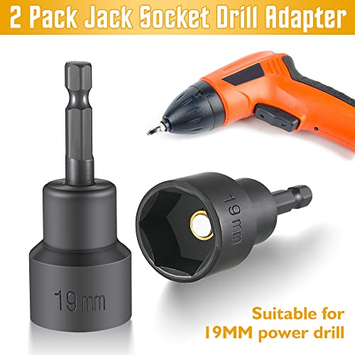 RV Leveling Scissor Jack Socket Drill Adapter, 1/4 Inch Quick Connect Hex Shank, Fits 3/4 Inch or 19 mm Hex Drive Jacks, for Car Auto Camper Stabilizers, 2 Pieces