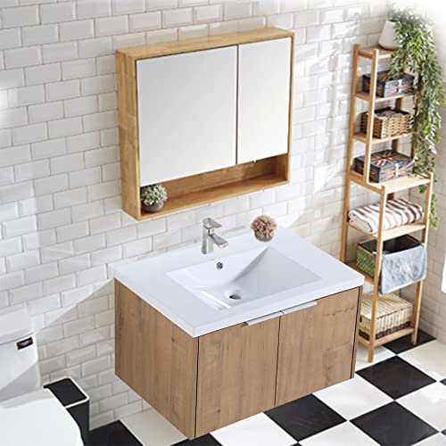 Pvillez Bathroom Vanity with Sink Combo, Floating Vanity Cabinet 30 Inch, Bathroom Vanities, Modern Wall Mounted Concrete Bath Vanity Set with Porcelain Top Storage Cabinet (Imitative Oak 2)