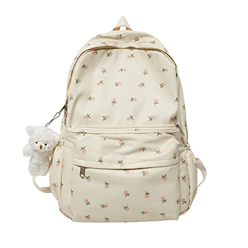 milochic Kawaii Backpack with Kawaii Plush Pendant Floral Prints Aesthetic Backpack for Women Large Capacity Simple Backpack for Travel Causal