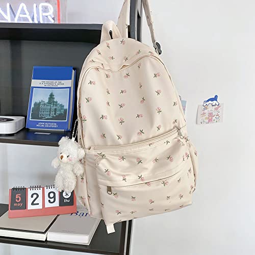 milochic Kawaii Backpack with Kawaii Plush Pendant Floral Prints Aesthetic Backpack for Women Large Capacity Simple Backpack for Travel Causal