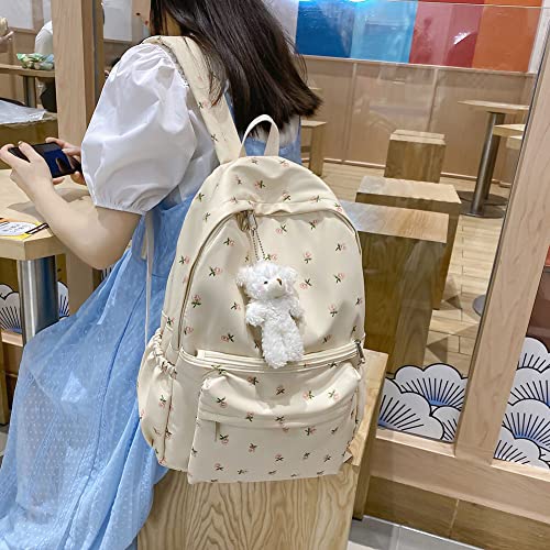 milochic Kawaii Backpack with Kawaii Plush Pendant Floral Prints Aesthetic Backpack for Women Large Capacity Simple Backpack for Travel Causal