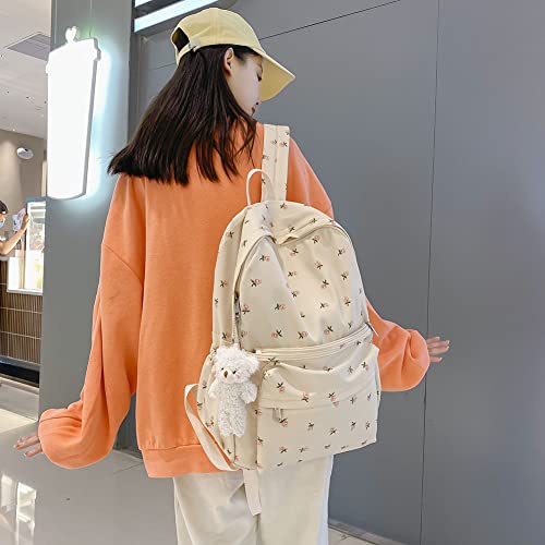 milochic Kawaii Backpack with Kawaii Plush Pendant Floral Prints Aesthetic Backpack for Women Large Capacity Simple Backpack for Travel Causal