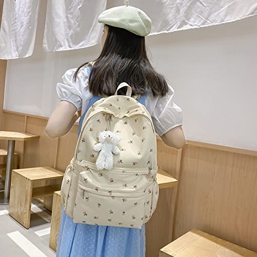 milochic Kawaii Backpack with Kawaii Plush Pendant Floral Prints Aesthetic Backpack for Women Large Capacity Simple Backpack for Travel Causal