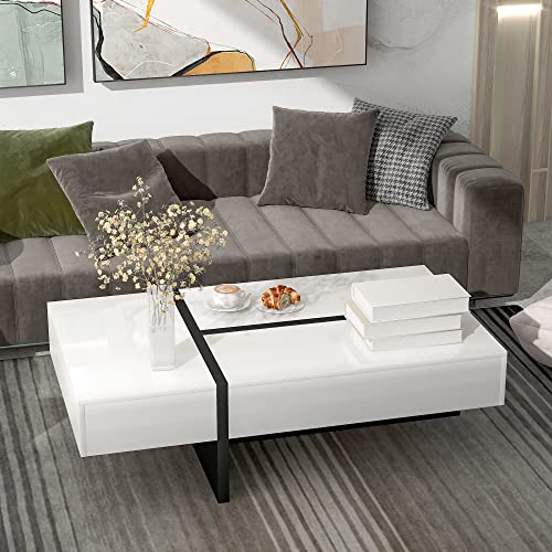 Merax Contemporary Rectangle Coffee Table, Modern High Gloss Surface, Living Room Furniture, White and Black