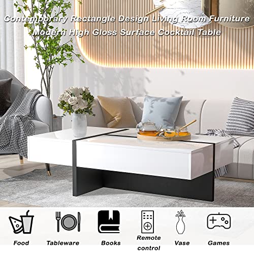 Merax Contemporary Rectangle Coffee Table, Modern High Gloss Surface, Living Room Furniture, White and Black