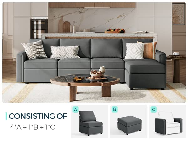 LINSY HOME Convertible Sectional Couch, L Shaped Sofa Couch with Storage, Modular Sofa with Memory Foam, Ottomans, 5 Seat Sofa Corner Sofa with Chaise for Living Room, Dark Grey