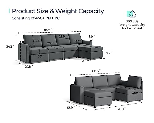 LINSY HOME Convertible Sectional Couch, L Shaped Sofa Couch with Storage, Modular Sofa with Memory Foam, Ottomans, 5 Seat Sofa Corner Sofa with Chaise for Living Room, Dark Grey