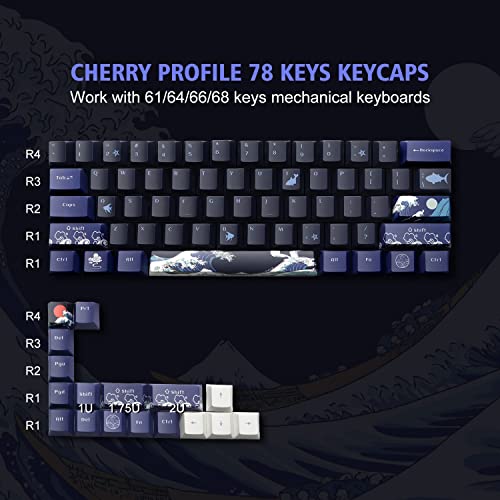 PBT Keycaps 60 Percent, Great Wave Off Kanagawa Japanese Keycaps, DYE-Sub Custom Keycaps Set, Cherry Profile Keycaps for 61/64/66/68 Cherry Gateron MX Switches Mechanical Keyboard, 78 Key Set