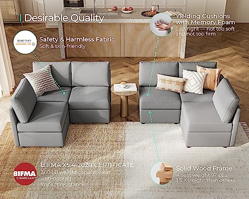 LINSY HOME Modular Sectional Sofa, Convertible U Shaped Sofa Couch with Storage, Memory Foam, Modular Sectionals with Ottomans, 6 Seat Oversized Sofa Couch with Chaise for Living Room, Grey