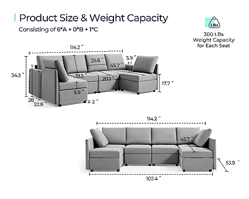 LINSY HOME Modular Sectional Sofa, Convertible U Shaped Sofa Couch with Storage, Memory Foam, Modular Sectionals with Ottomans, 6 Seat Oversized Sofa Couch with Chaise for Living Room, Grey