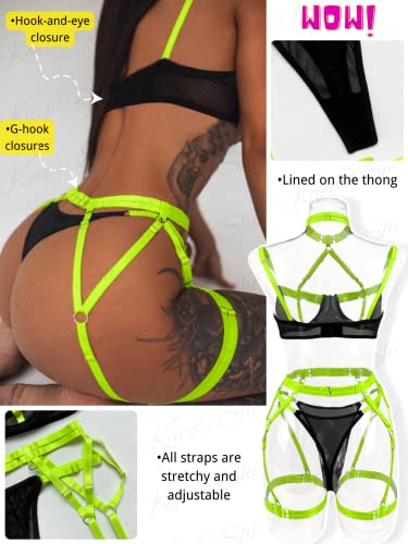 Kaei&Shi Garter Lingerie For Women,Glow In The Dark Blacklight Strappy Underwire Choker Sexy Lingerie,Adjustable Straps Sheer Thong Belt Matching 4 Piece Lingerie Set Boudoir Neon Green Medium