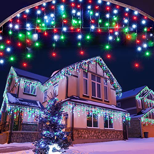 KiflyTooin Led Christmas Lights Outdoor Christmas Decorations Hanging Lights 400LED 8 Modes 75 Drops, Outdoor Indoor Fairy String Lights for Party, Holiday, Wedding Decorations (Red, White, Green)