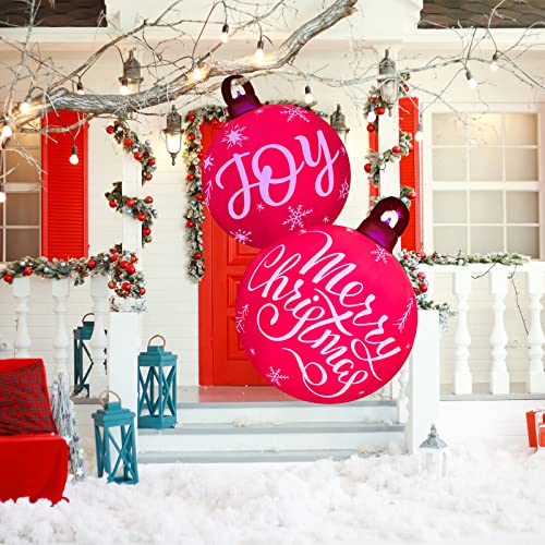 30 Inch Light up Giant Christmas PVC Inflatable Decorated Ball Ornaments Xmas Blow up Christmas Ball Decorations Outdoor with LED Light and Remote for Yard Lawn Porch Tree Pool (Joy)