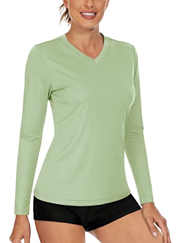 Boladeci Womens Swim Shirt Long Sleeve UPF 50+ Sun Protection Clothing V Neck SPF Shirts Quick Dry UV Tee Summer Tops T-Shirts Rash Guard for Women Light Green