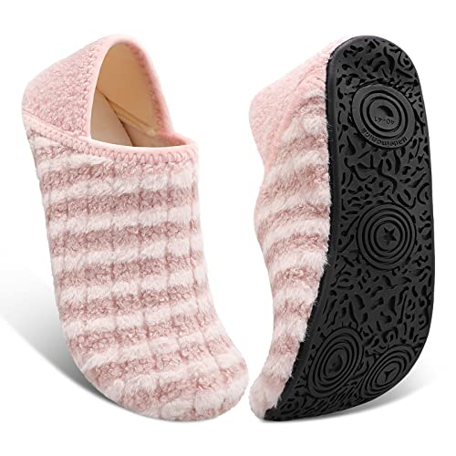 Fires Women Slippers Women House Slippers Socks Skin-friendly Fuzzy Slippers for Women Lightweight House Shoes with Moisture-wicking Velvet Lining Ladies Slippers Around House Shoes with Non-Slip Rubber Sole for Indoor/Outdoor & Travel PinkStripe 9.5-10 W